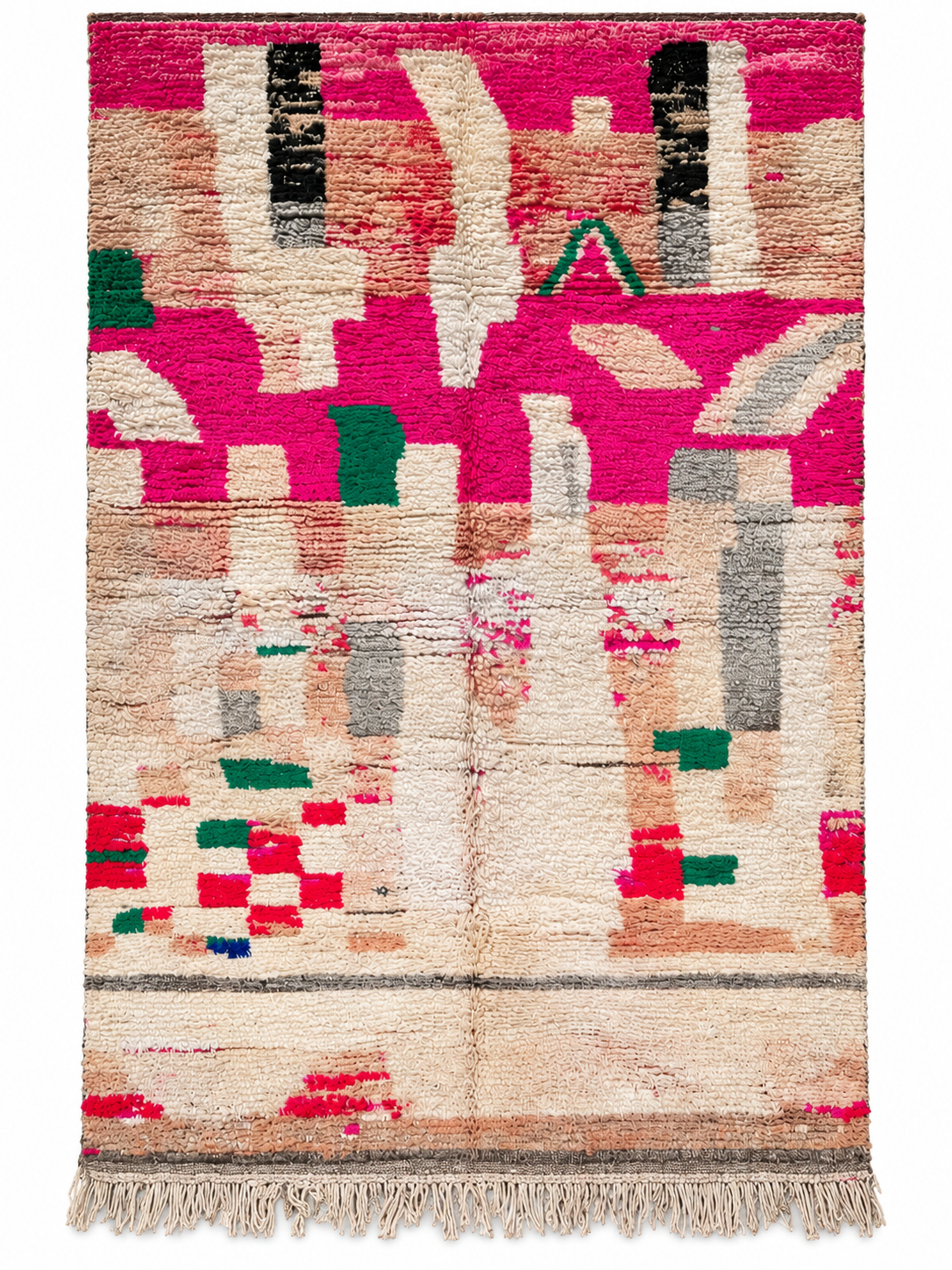 Vintage Teppich in Creme und Pink mit abstrakten Farbfeldern aus Marokko, 280 × 170 cm, Gesamtansicht vor weißem Hintergrund.