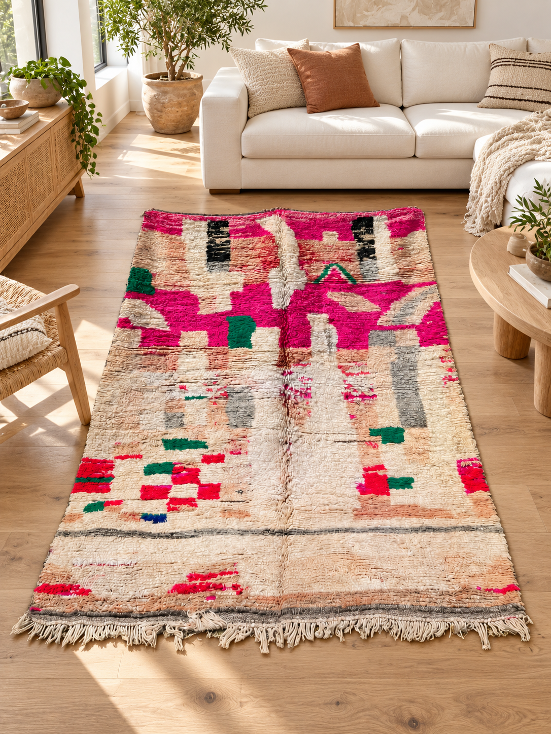 Vintage Teppich in Creme und Pink mit abstrakten Farbfeldern – 280 × 170 cm, im Wohnzimmer – KI-Rauminspiration, Ansicht 1.