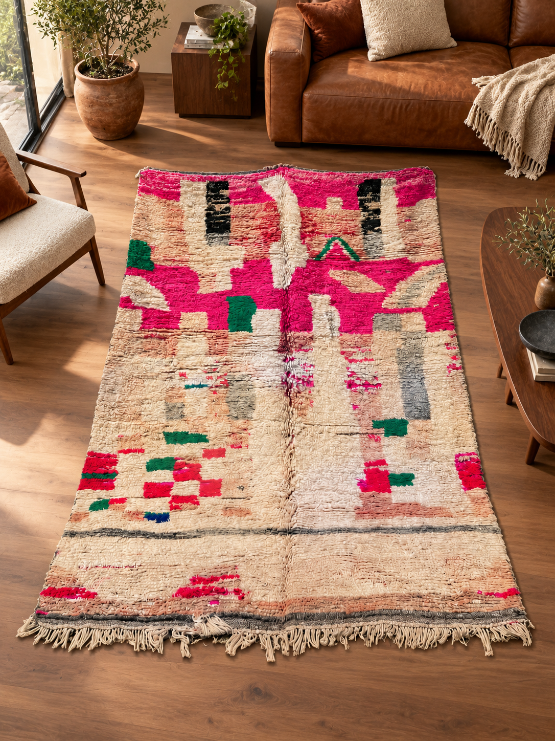 Vintage Teppich in Creme und Pink mit abstrakten Farbfeldern – 280 × 170 cm, im Wohnzimmer – KI-Rauminspiration, Ansicht 2.
