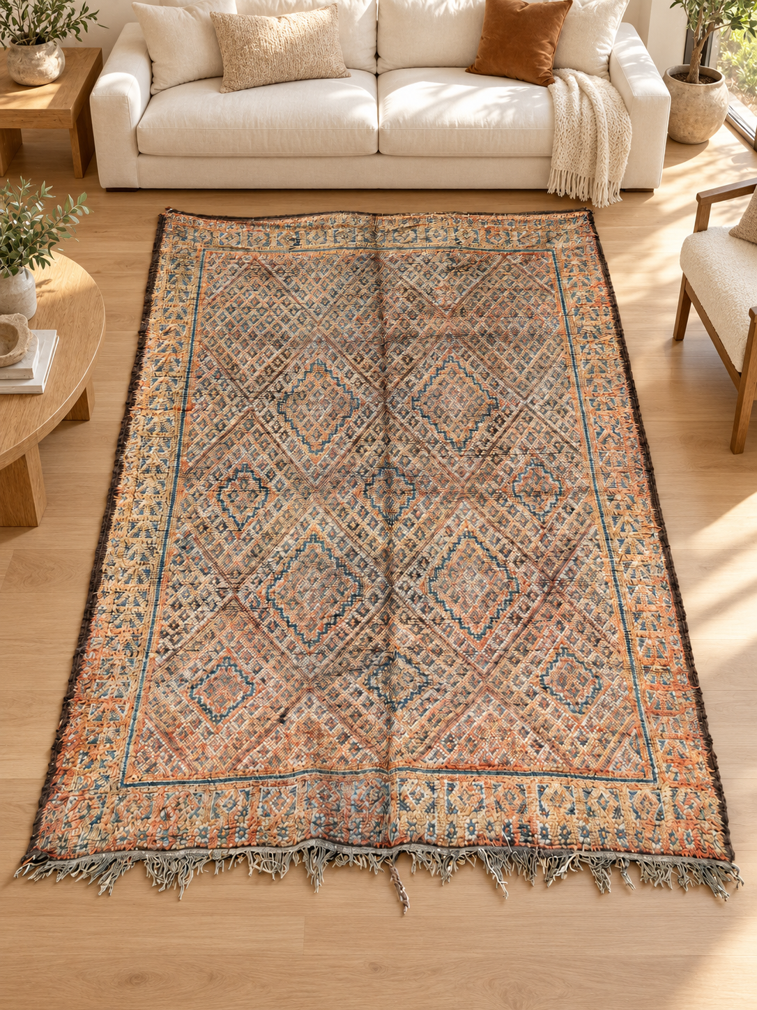 Vintage Teppich in Grau und Beige mit dichter geometrischer Zeichnung – 267 × 200 cm, im Wohnzimmer – KI-Rauminspiration, Ansicht 1.