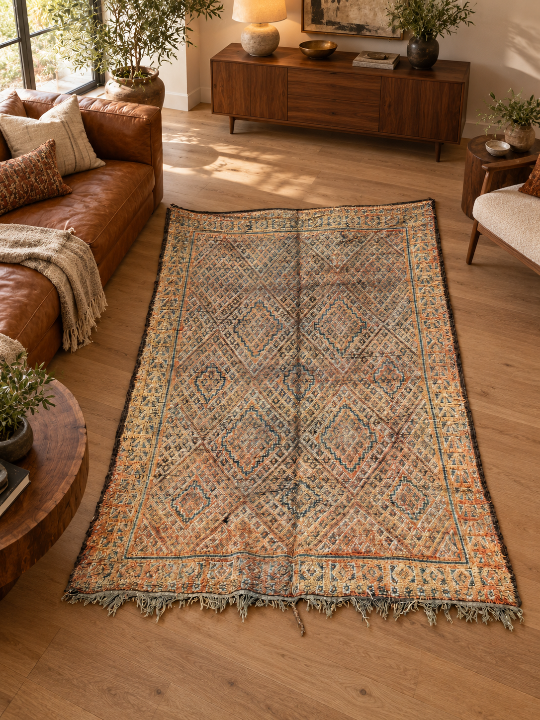 Vintage Teppich in Grau und Beige mit dichter geometrischer Zeichnung – 267 × 200 cm, im Wohnzimmer – KI-Rauminspiration, Ansicht 2.