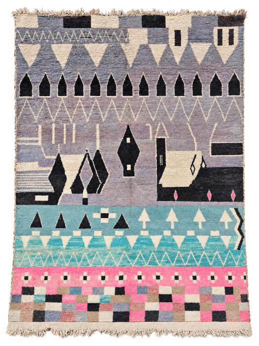 Vintage Teppich in Grau und Pastell mit grafischen Reihen aus Marokko, 350 × 250 cm, Gesamtansicht vor weißem Hintergrund.