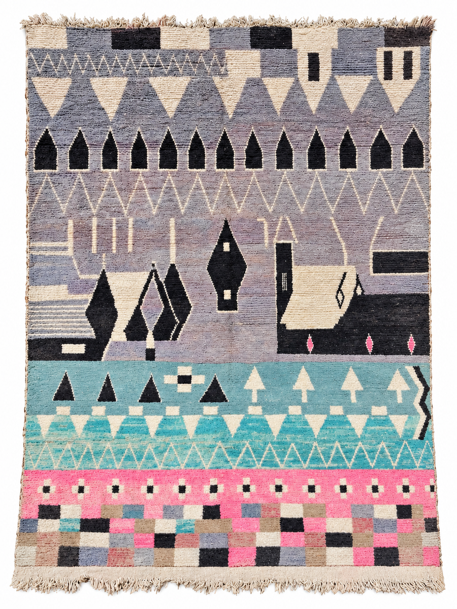 Gray and Pastel Vintage Moroccan Rug with Graphic Rows, 350 × 250 cm.
