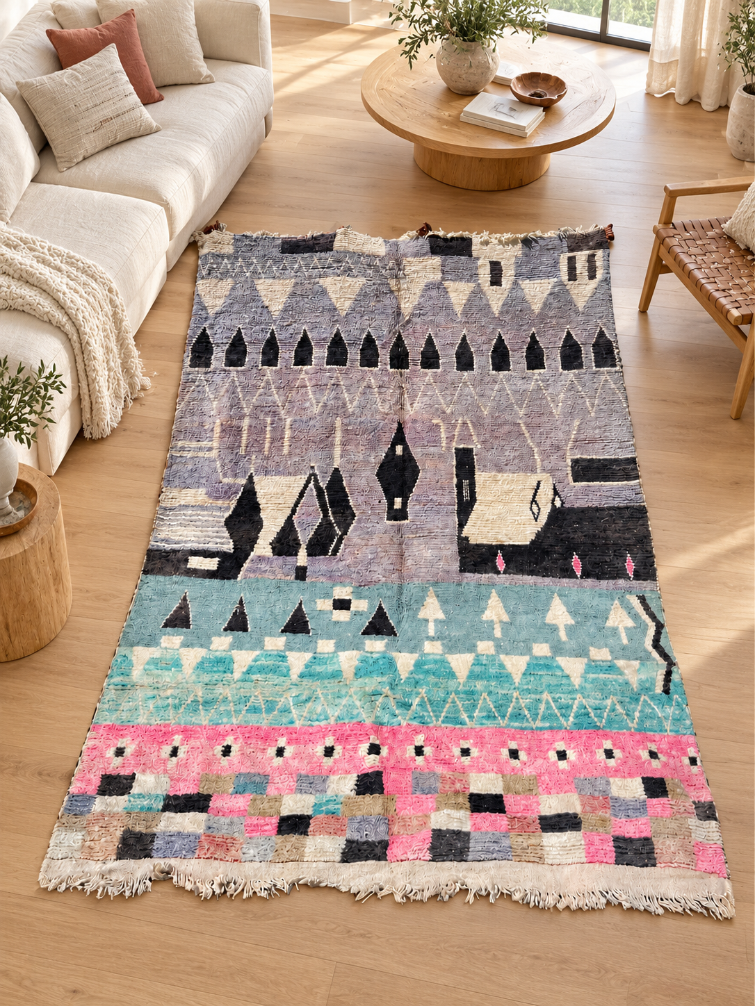 Vintage Teppich in Grau und Pastell mit grafischen Reihen – 350 × 250 cm, im Wohnzimmer – KI-Rauminspiration, Ansicht 1.