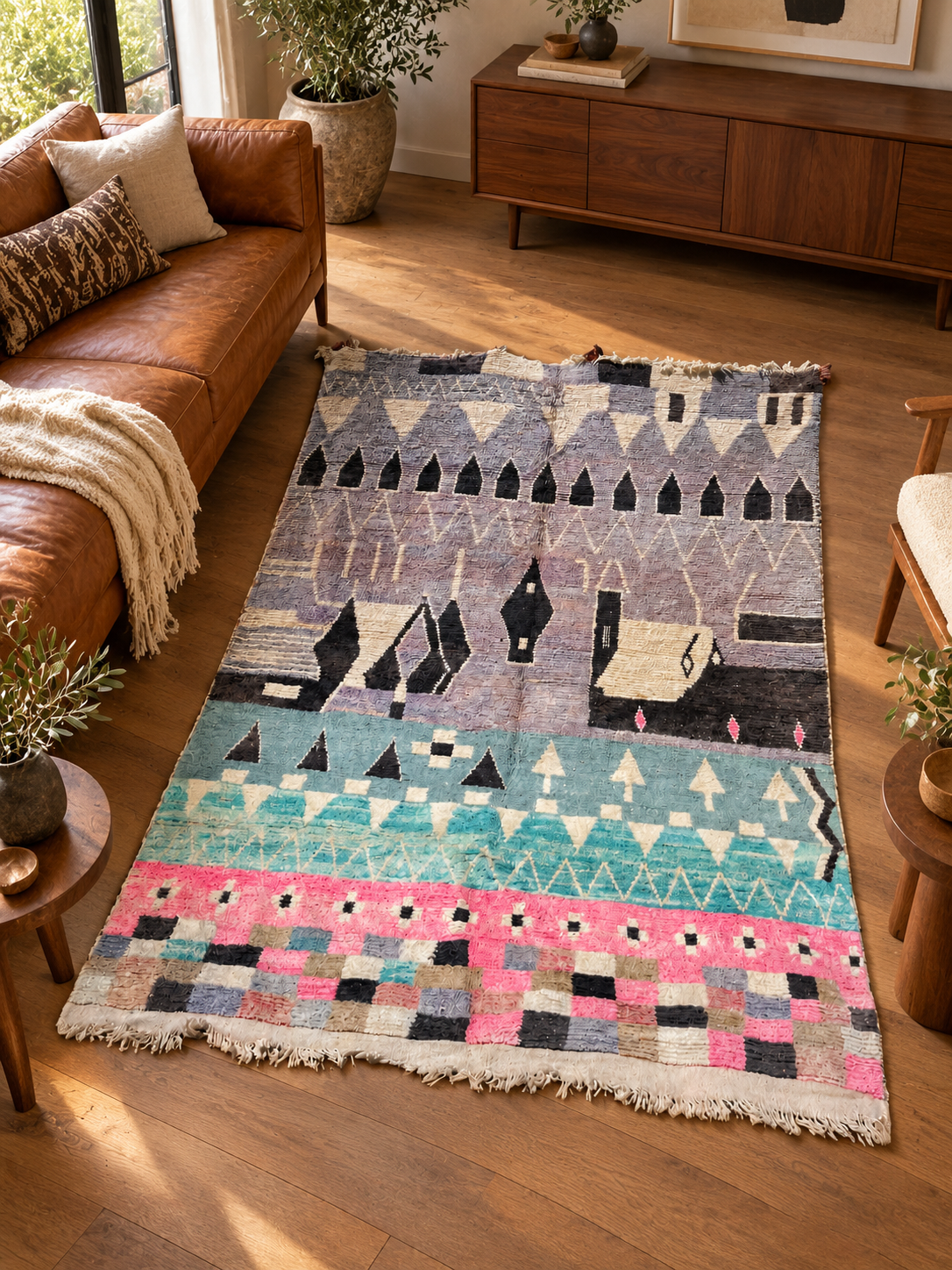 Vintage Teppich in Grau und Pastell mit grafischen Reihen – 350 × 250 cm, im Wohnzimmer – KI-Rauminspiration, Ansicht 2.