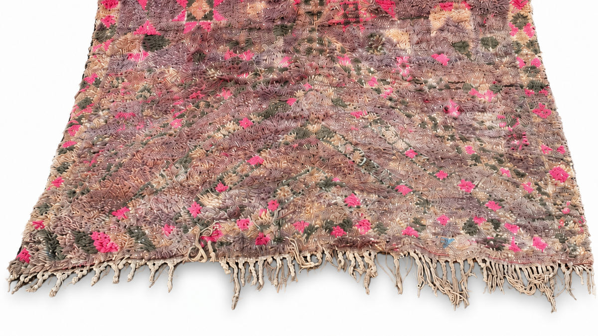 Randausschnitt: Vintage Teppich in Grau und Pink mit verblassten Motiven – 316 × 190 cm.