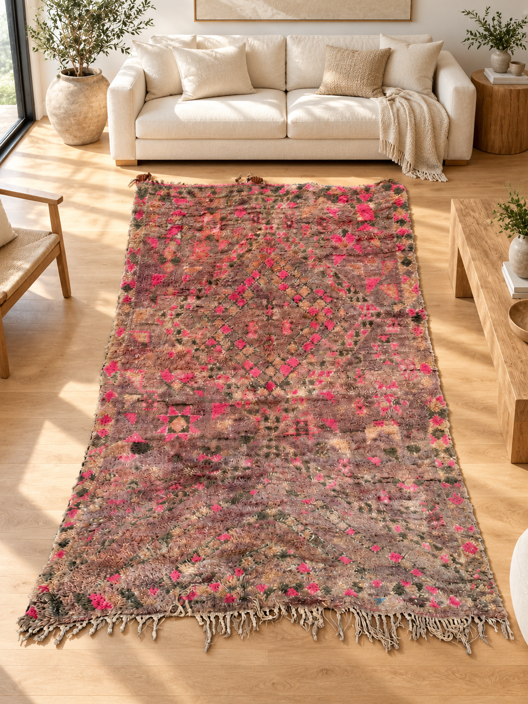 Vintage Teppich in Grau und Pink mit verblassten Motiven – 316 × 190 cm, im Wohnzimmer – KI-Rauminspiration, Ansicht 1.