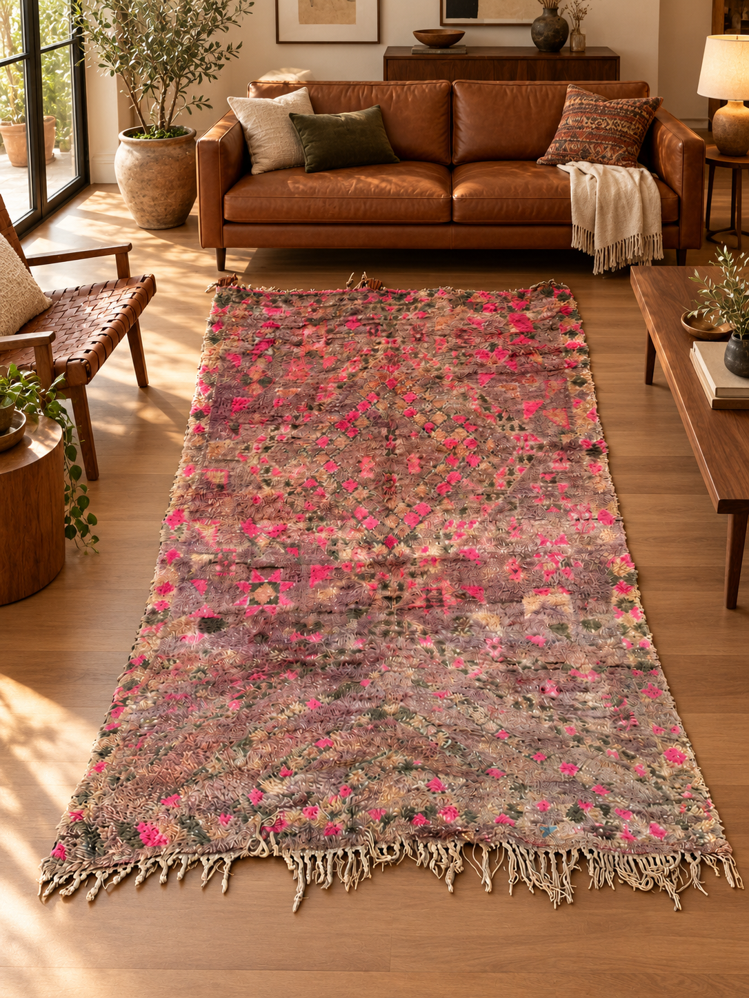 Vintage Teppich in Grau und Pink mit verblassten Motiven – 316 × 190 cm, im Wohnzimmer – KI-Rauminspiration, Ansicht 2.