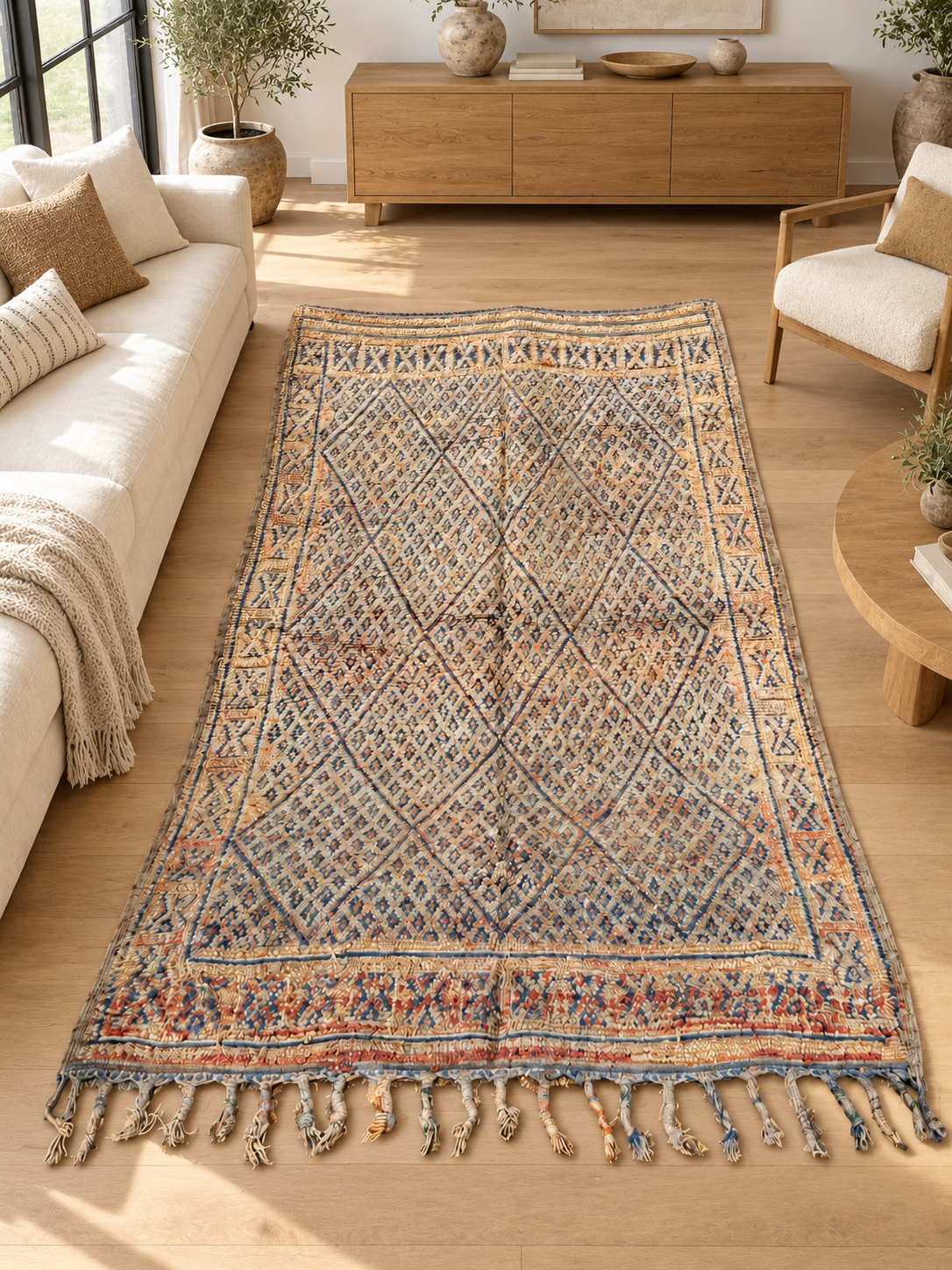 Vintage Teppich in Naturtönen mit dichtem Rautenmuster – 300 × 176 cm, im Wohnzimmer – KI-Rauminspiration, Ansicht 1.