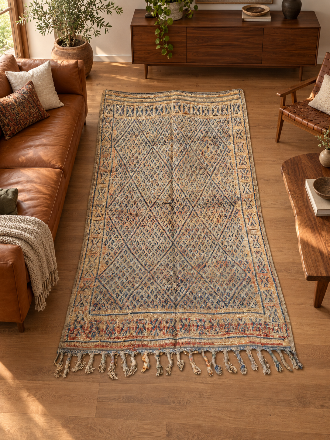 Vintage Teppich in Naturtönen mit dichtem Rautenmuster – 300 × 176 cm, im Wohnzimmer – KI-Rauminspiration, Ansicht 2.