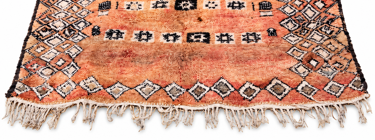 Edge detail of Ochre Vintage Moroccan Rug with Small Diamonds, 300 × 195 cm.