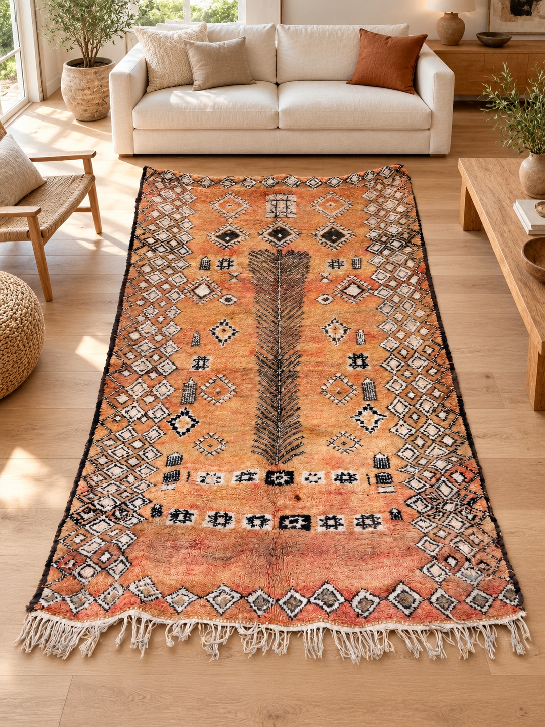 AI-generated room inspiration: Ochre Vintage Moroccan Rug with Small Diamonds, 300 × 195 cm.