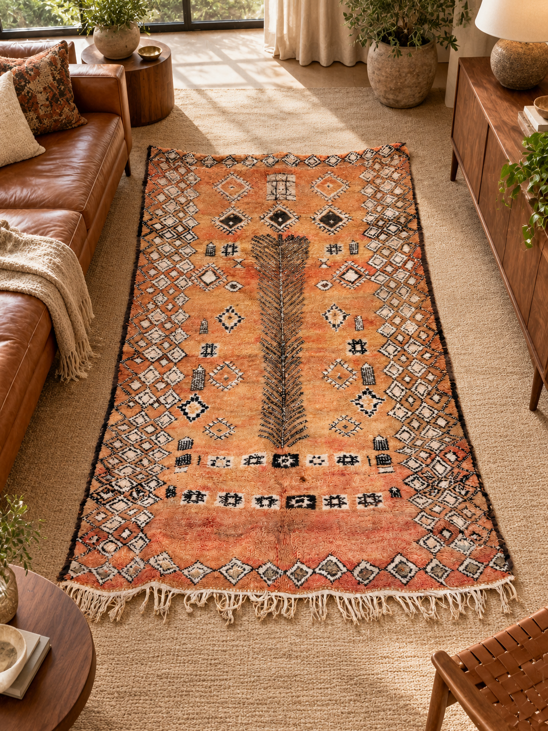AI-generated room inspiration: Ochre Vintage Moroccan Rug with Small Diamonds, 300 × 195 cm.