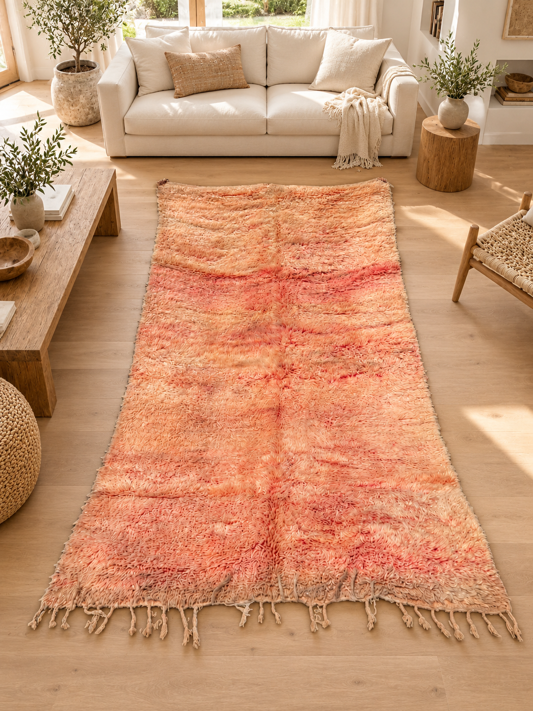 Vintage Teppich in Rosé und Beige mit sanften Farbbändern – 300 × 176 cm, im Wohnzimmer – KI-Rauminspiration, Ansicht 1.