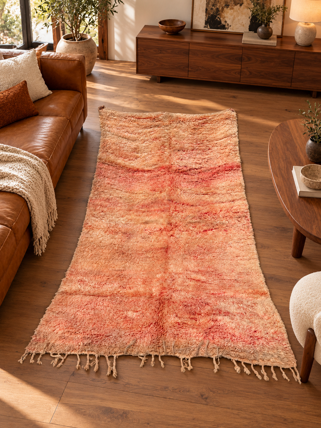 Vintage Teppich in Rosé und Beige mit sanften Farbbändern – 300 × 176 cm, im Wohnzimmer – KI-Rauminspiration, Ansicht 2.