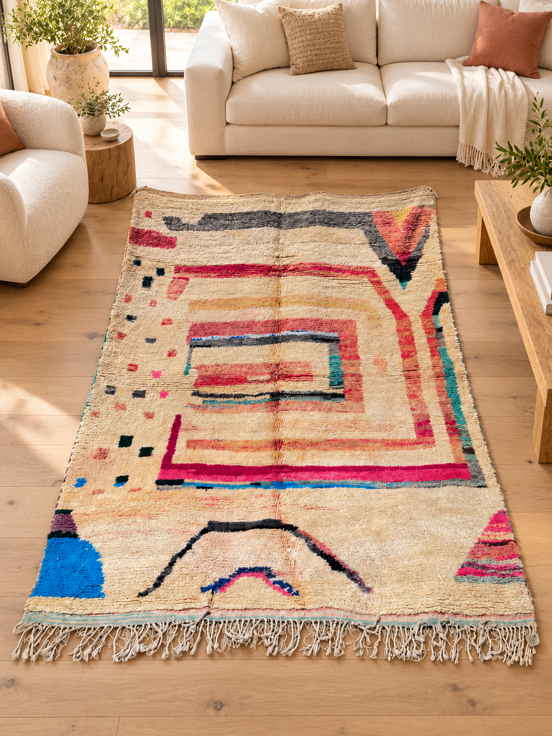 AI-generated room inspiration: Cream Vintage Moroccan Rug with Abstract Lines, 350 × 250 cm.