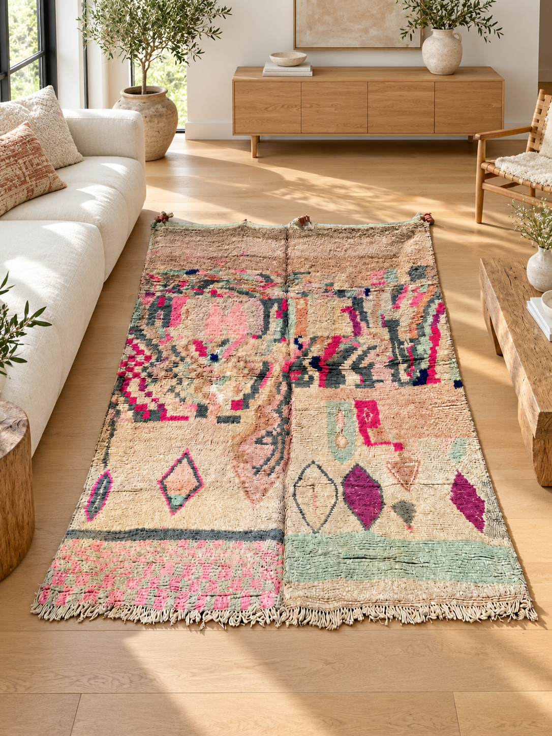 Vintage Teppich mit abstrakten Motiven in Pink und Grün – 290 × 145 cm, im Wohnzimmer – KI-Rauminspiration, Ansicht 1.