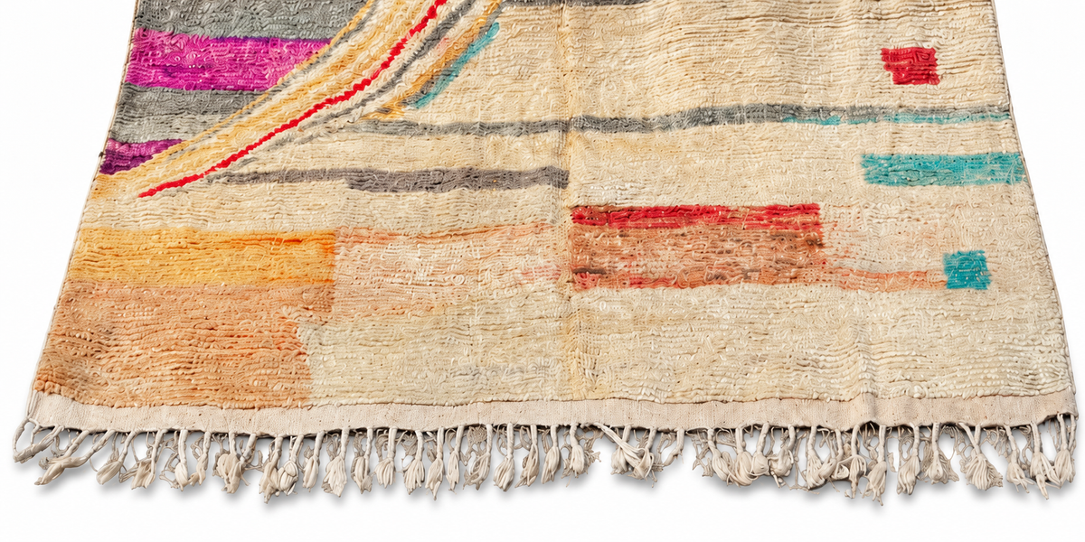 Randausschnitt: Vintage Teppich mit farbigen Streifen und offenen Linien – 340 × 250 cm.