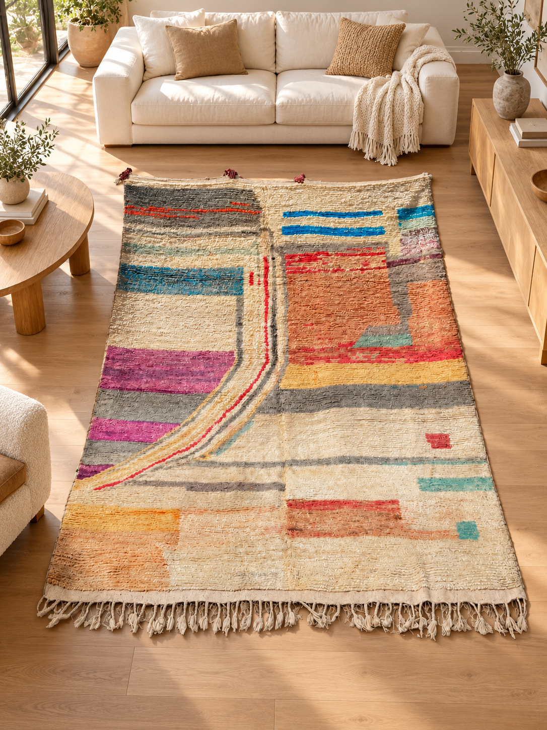Vintage Teppich mit farbigen Streifen und offenen Linien – 340 × 250 cm, im Wohnzimmer – KI-Rauminspiration, Ansicht 1.