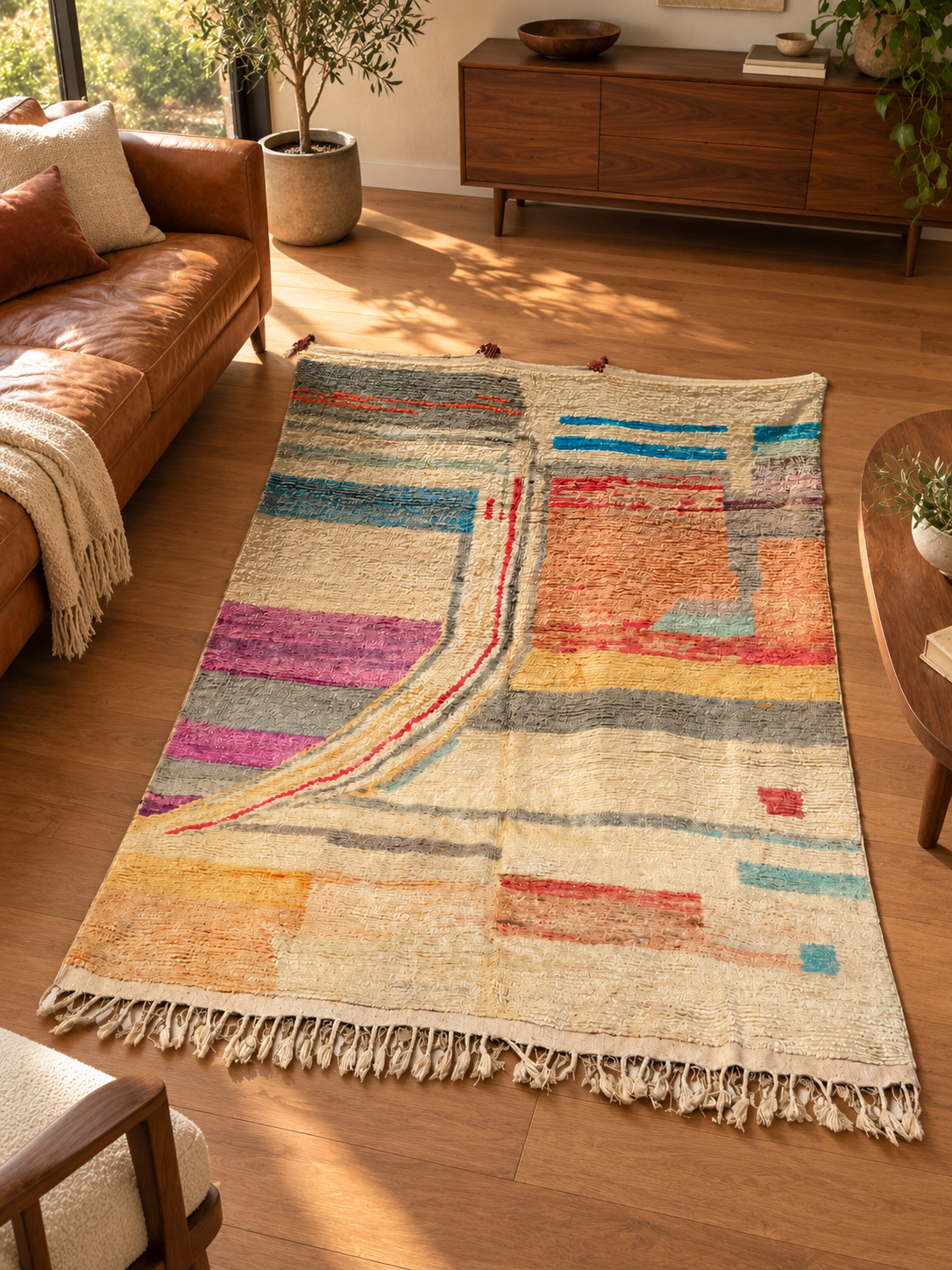 Vintage Teppich mit farbigen Streifen und offenen Linien – 340 × 250 cm, im Wohnzimmer – KI-Rauminspiration, Ansicht 2.