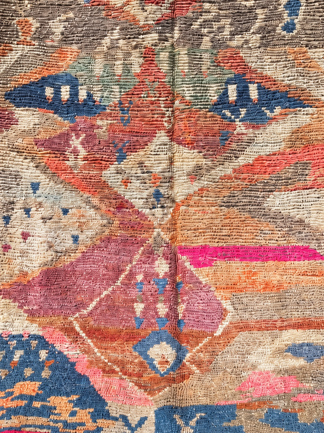 Musterausschnitt: Vintage Teppich mit geometrischen Motiven in Rot und Blau – 262 × 150 cm.