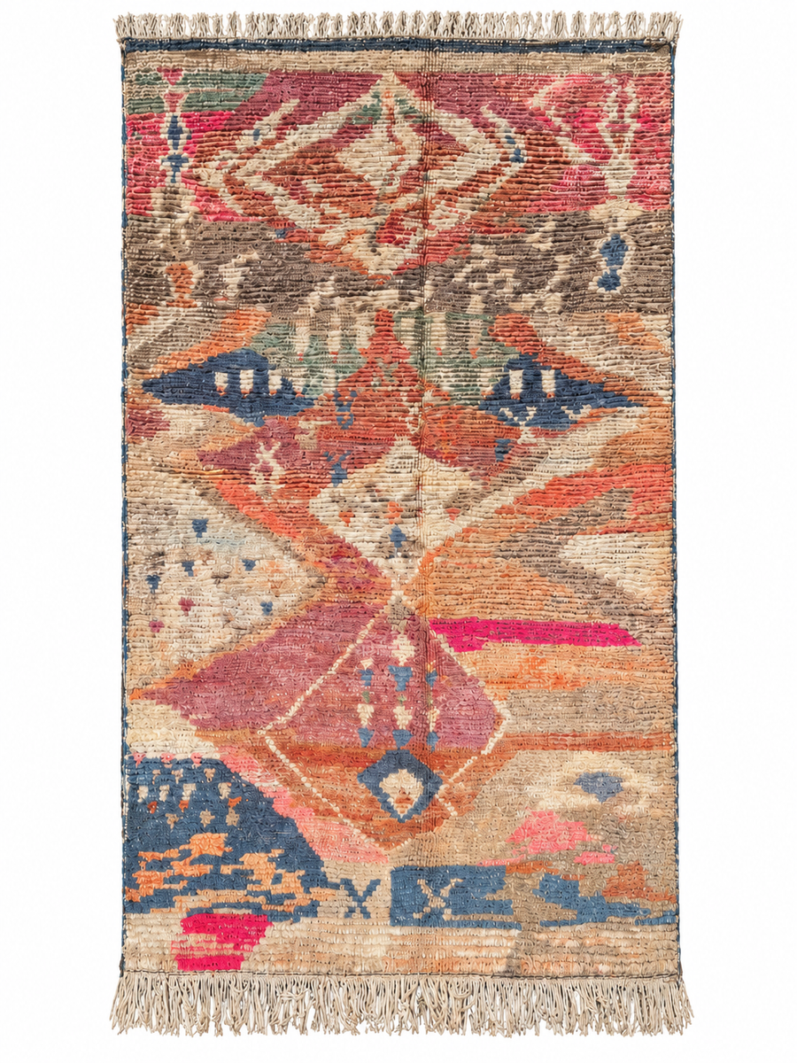 Red and Blue Vintage Moroccan Rug with Geometric Motifs, 262 × 150 cm.