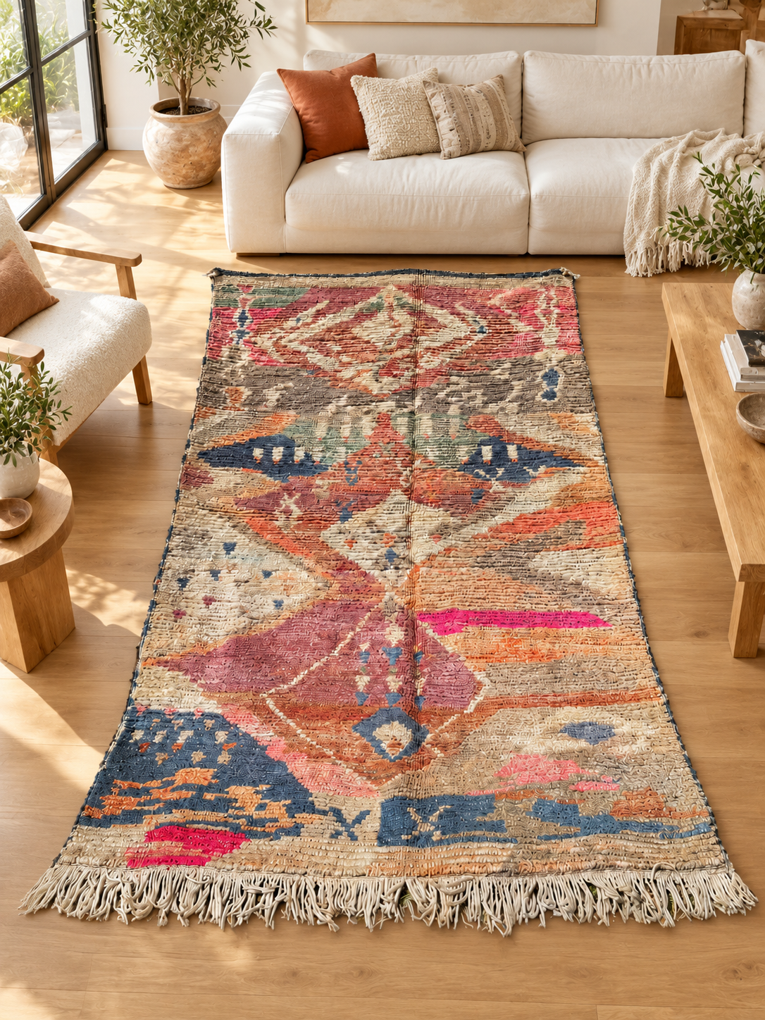Vintage Teppich mit geometrischen Motiven in Rot und Blau – 262 × 150 cm, im Wohnzimmer – KI-Rauminspiration, Ansicht 1.