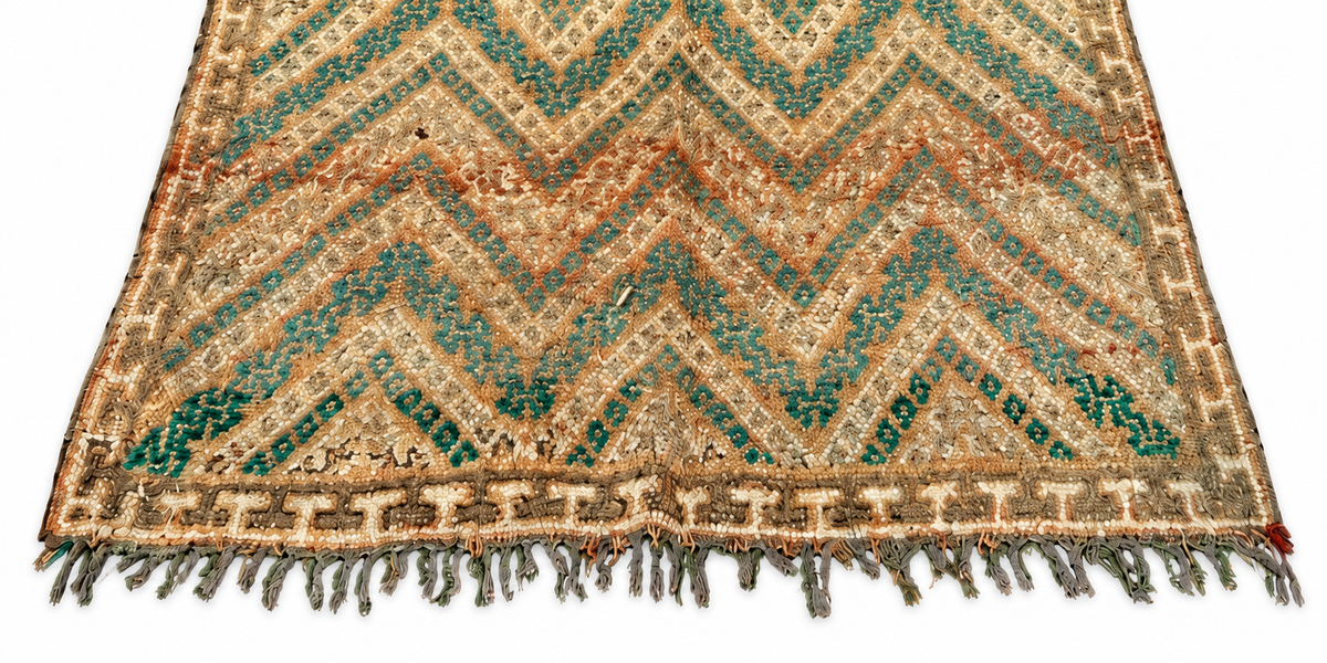 Edge detail of Vintage Moroccan Rug with Green Zigzags, 320 × 170 cm.