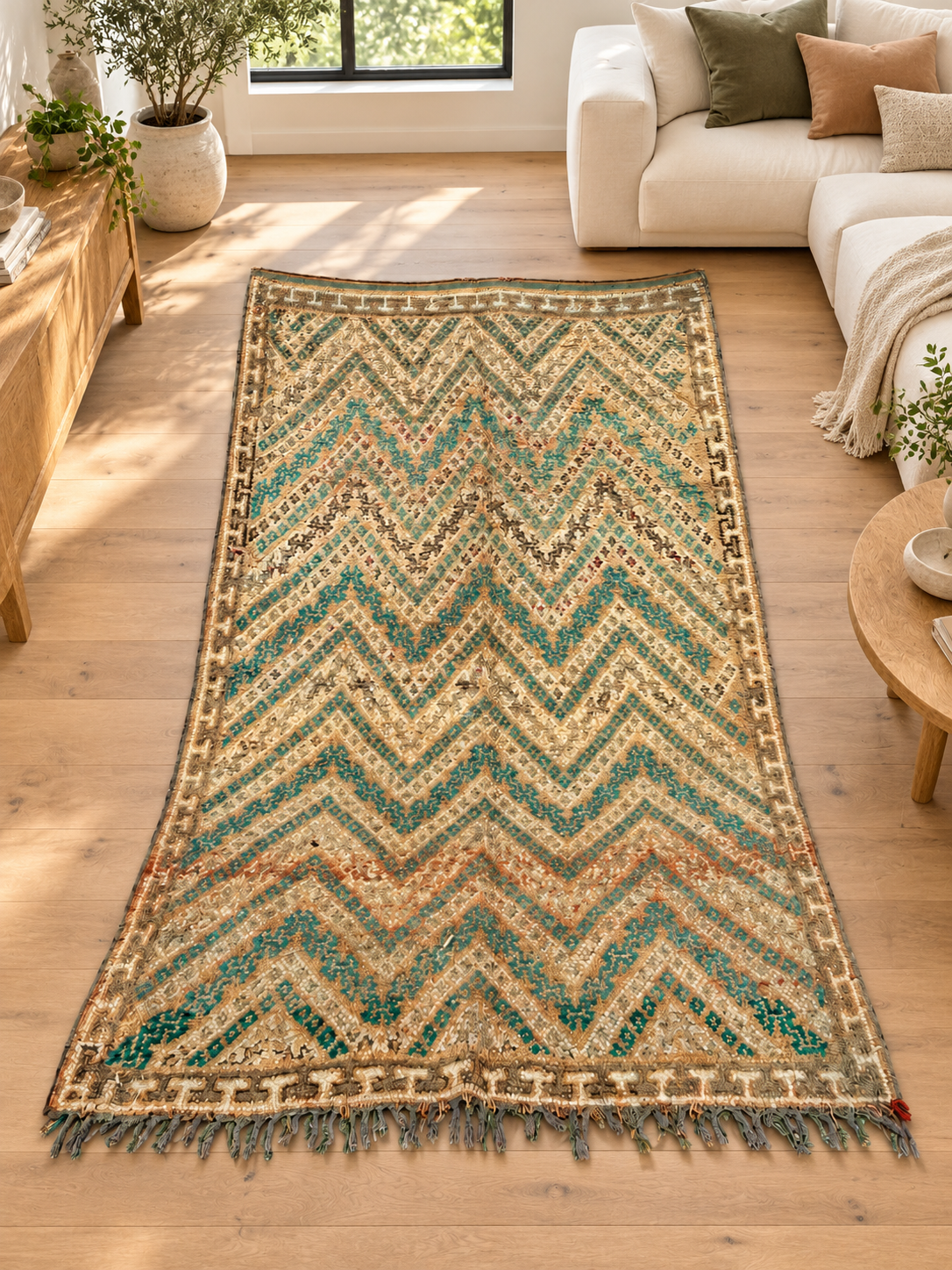 AI-generated room inspiration: Vintage Moroccan Rug with Green Zigzags, 320 × 170 cm.