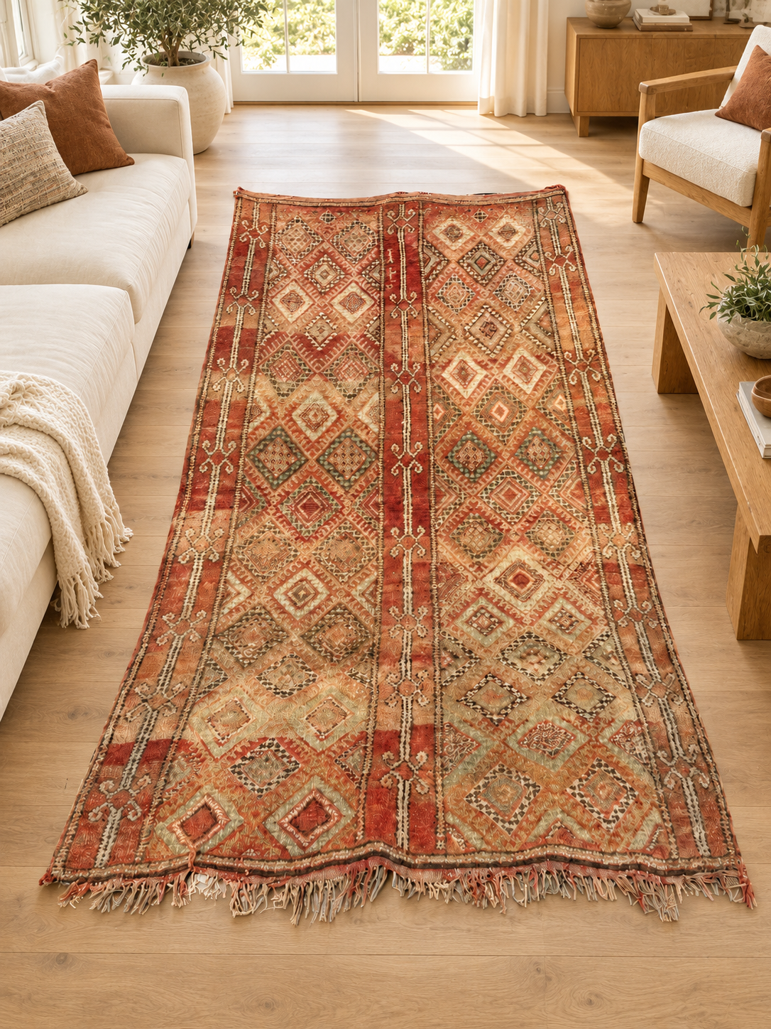 Vintage Teppich mit roten Streifen und hellen Rauten – 310 × 180 cm, im Wohnzimmer – KI-Rauminspiration, Ansicht 1.