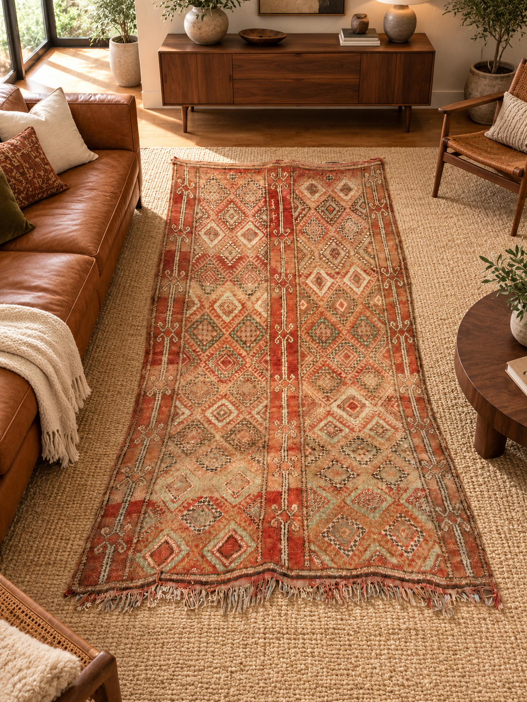 Vintage Teppich mit roten Streifen und hellen Rauten – 310 × 180 cm, im Wohnzimmer – KI-Rauminspiration, Ansicht 2.