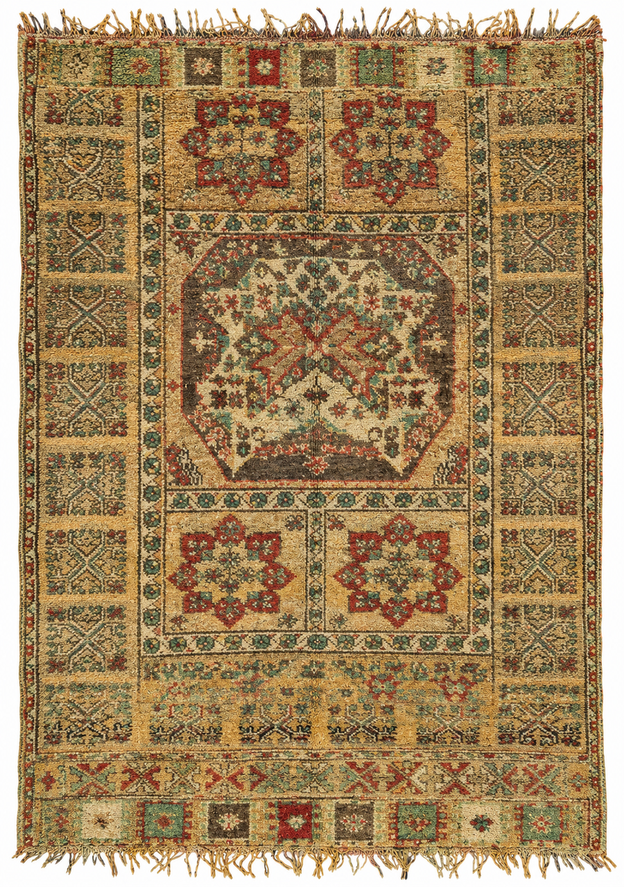 AI-assisted cutout of Olive Vintage Moroccan Rug with Geometric Panels, 310 × 218 cm.