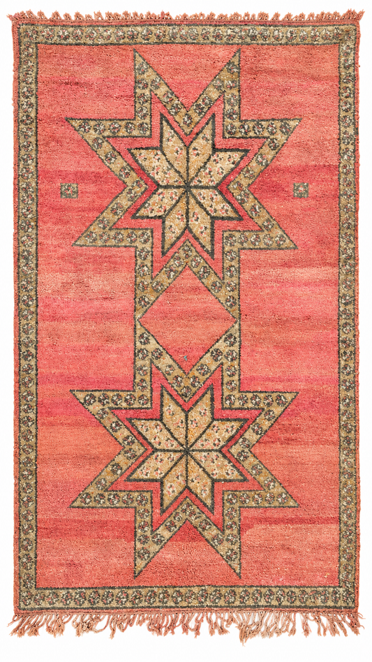 Vintage Teppich Rosa Grün mit Sternmedaillons – 292 × 164 cm – digital begradigte Gesamtansicht auf weißem Hintergrund.