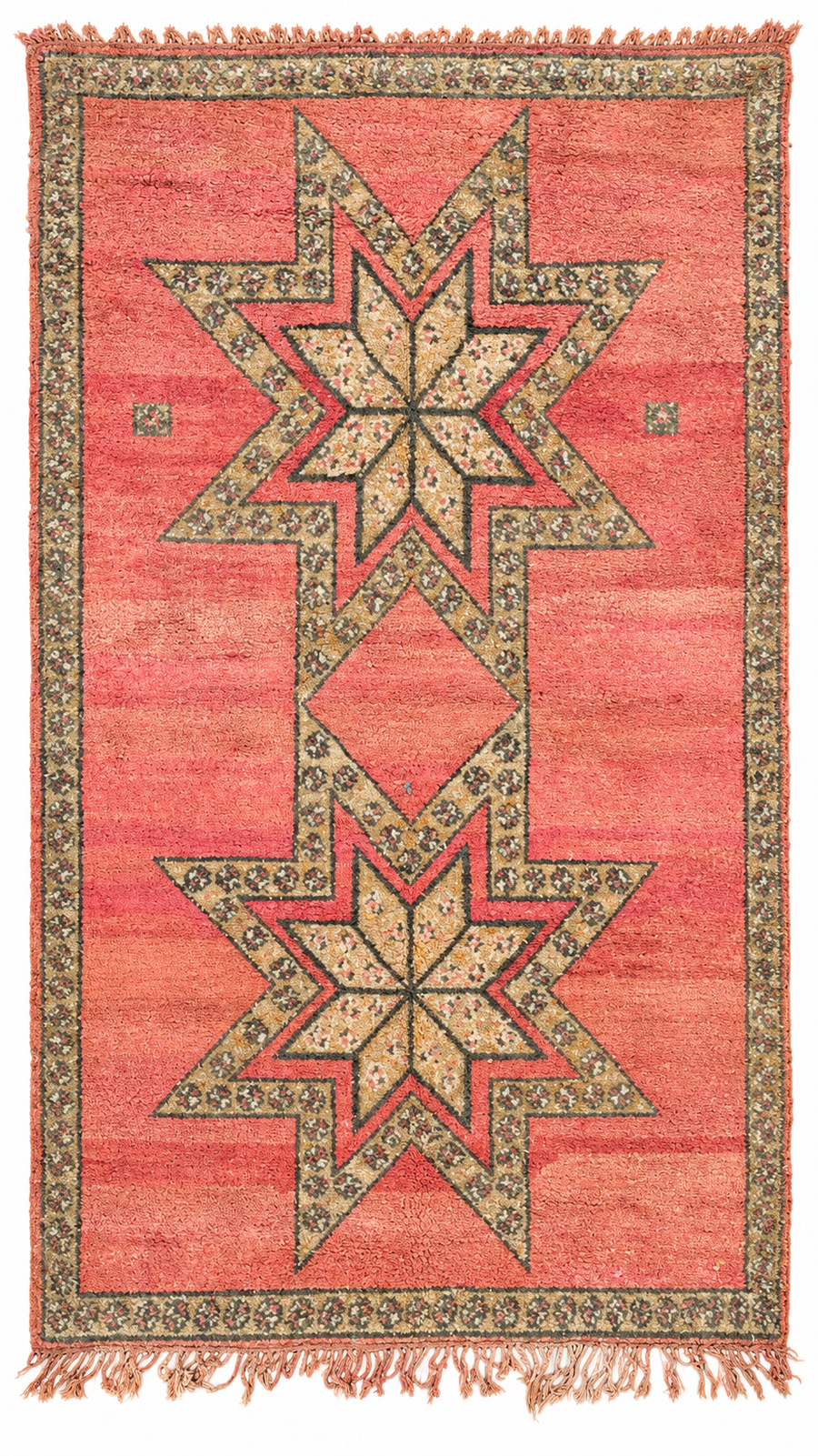 AI-assisted cutout of Pink and Green Vintage Moroccan Rug with Star Medallions, 292 × 164 cm.