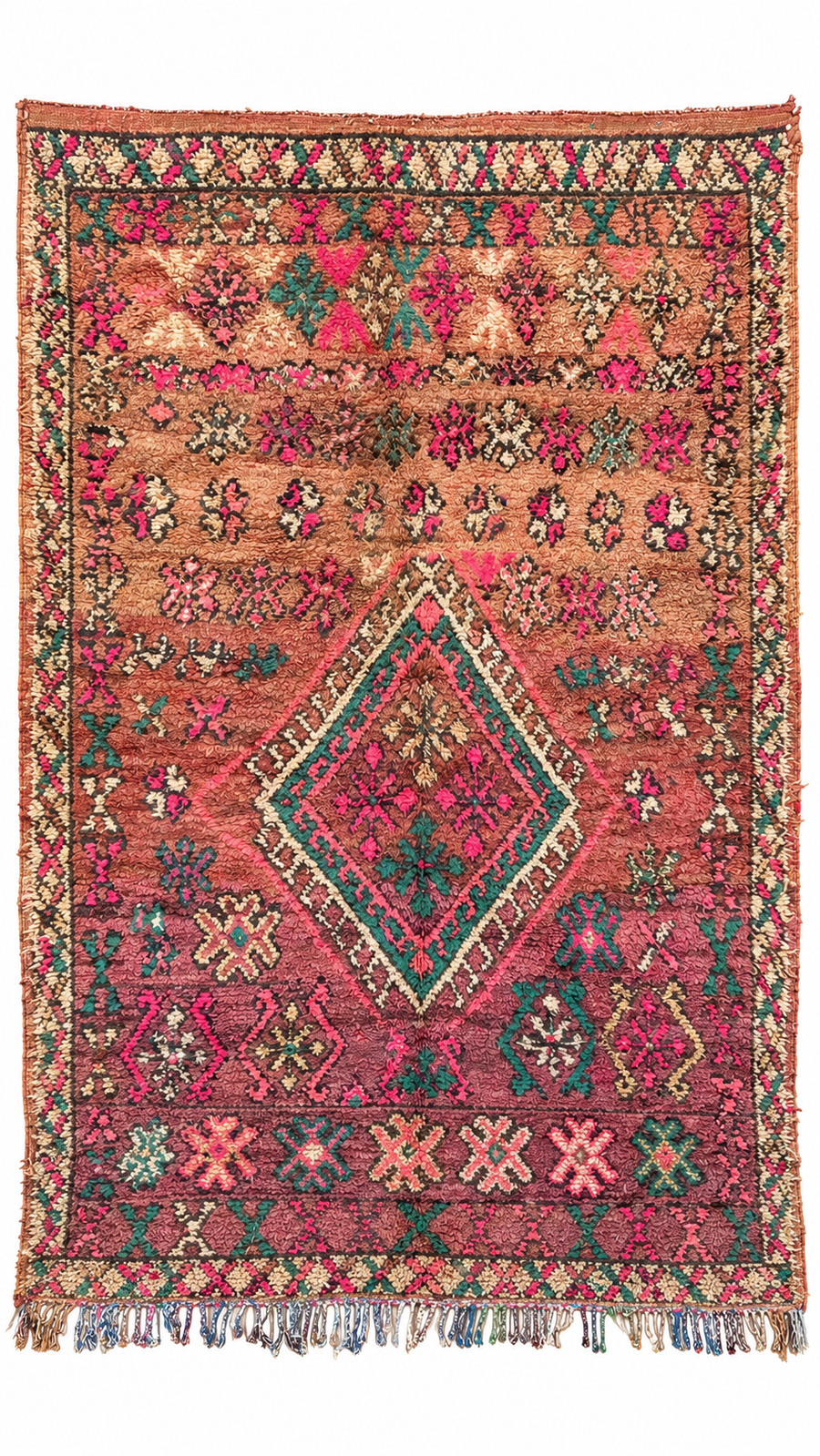Pink Vintage Moroccan Rug with Green Center Diamond, 260 × 185 cm.