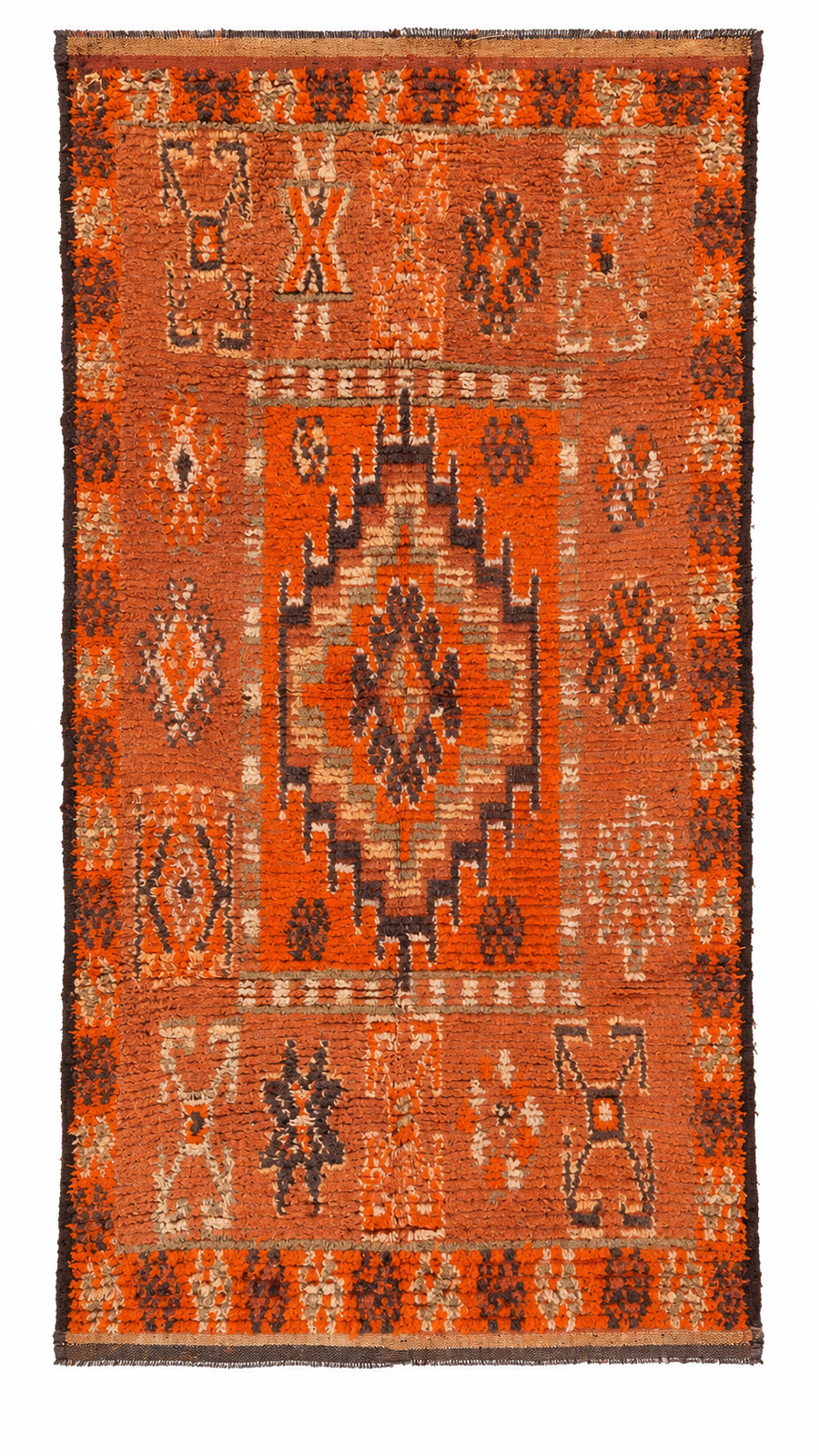 Rust-Orange Vintage Moroccan Rug with Dark Center Diamond, 280 × 150 cm.