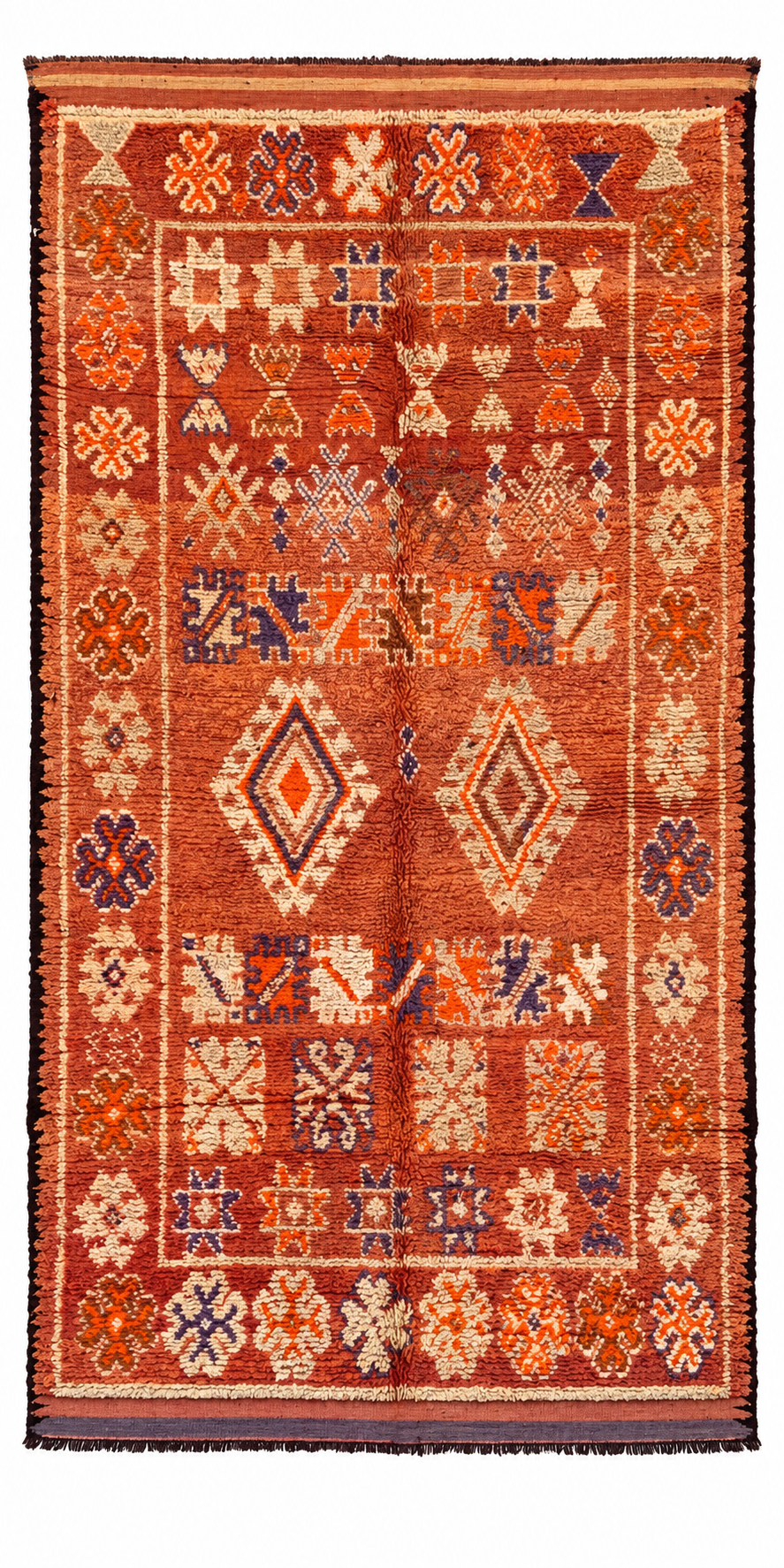 Rust Red Vintage Moroccan Rug with Cream Diamonds, 320 × 160 cm.