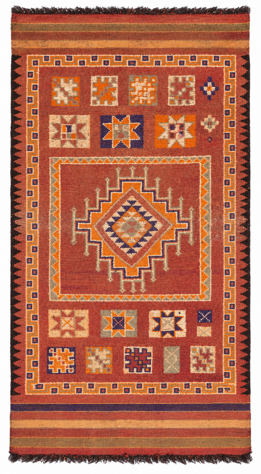 Vintage Teppich Rostrot mit mehrfarbigem Stufenmedaillon – 294 × 162 cm – digital begradigte Gesamtansicht auf weißem Hintergrund.