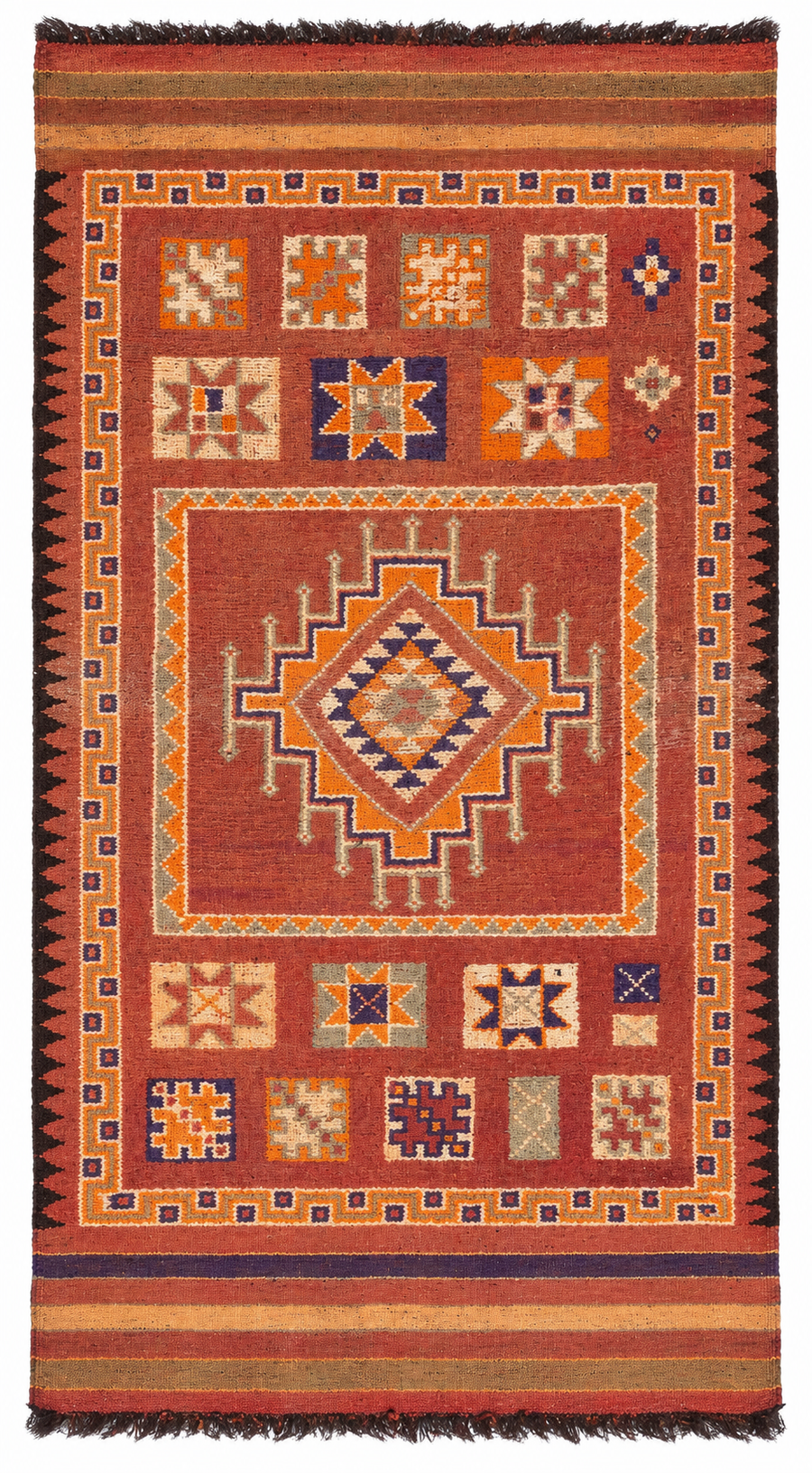 AI-assisted cutout of Rust Red Vintage Moroccan Rug with Stepped Medallion, 294 × 162 cm.