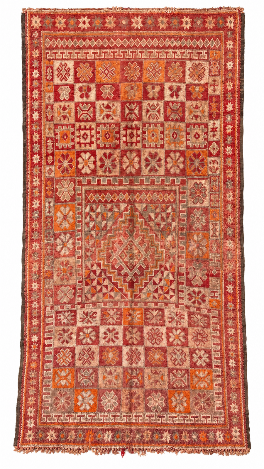 Red and Beige Vintage Moroccan Rug with Geometric Panels, 360 × 190 cm.