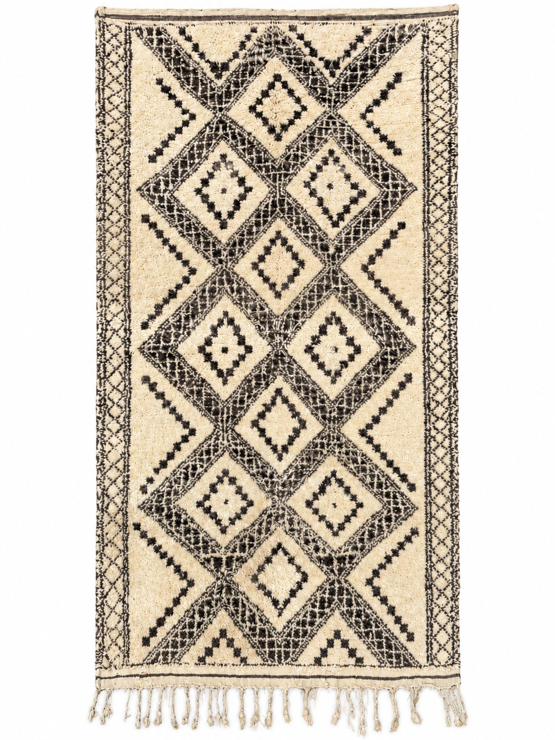 Black and Cream Vintage Moroccan Rug with Diamonds, 330 × 160 cm.