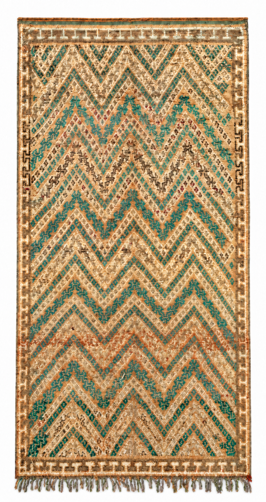 Full view of Vintage Moroccan Rug with Green Zigzags, 320 × 170 cm.