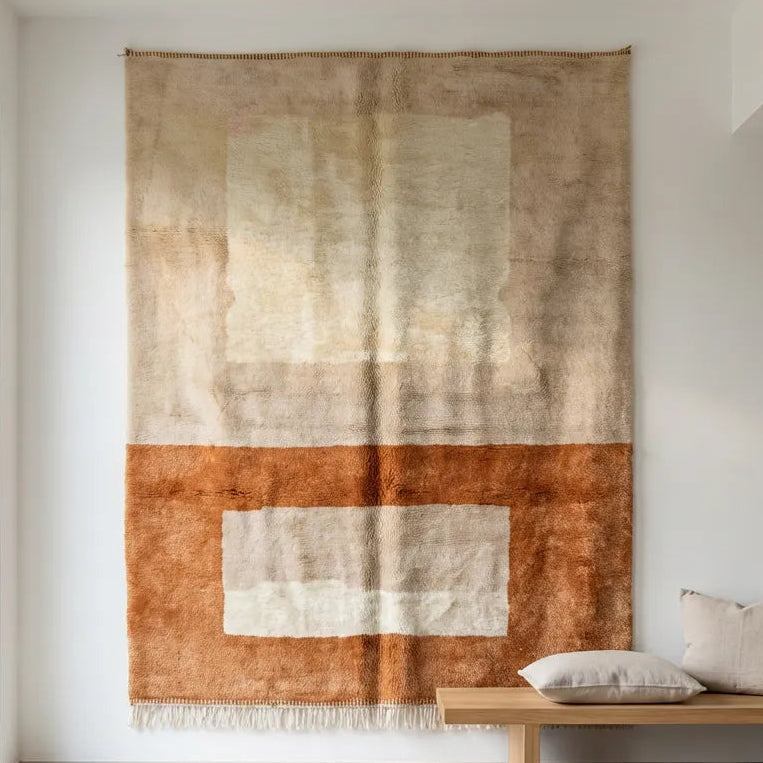 Timija Moroccan rug with sand and terracotta geometric color blocks.