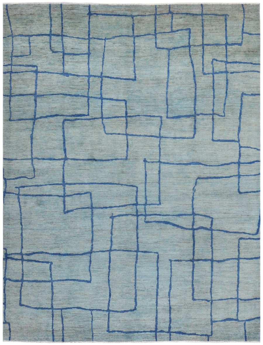 Light Blue Afghan Rug with Graphic Lines, 322 × 245 cm, overall view.